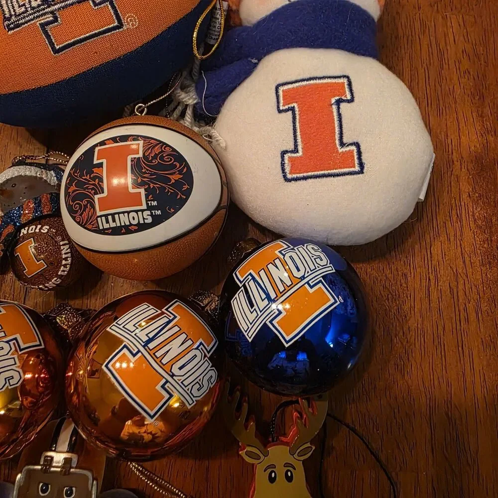 Lot Of 11 Illinois Fighting Illini Christmas Ornaments Tree Basketball Football